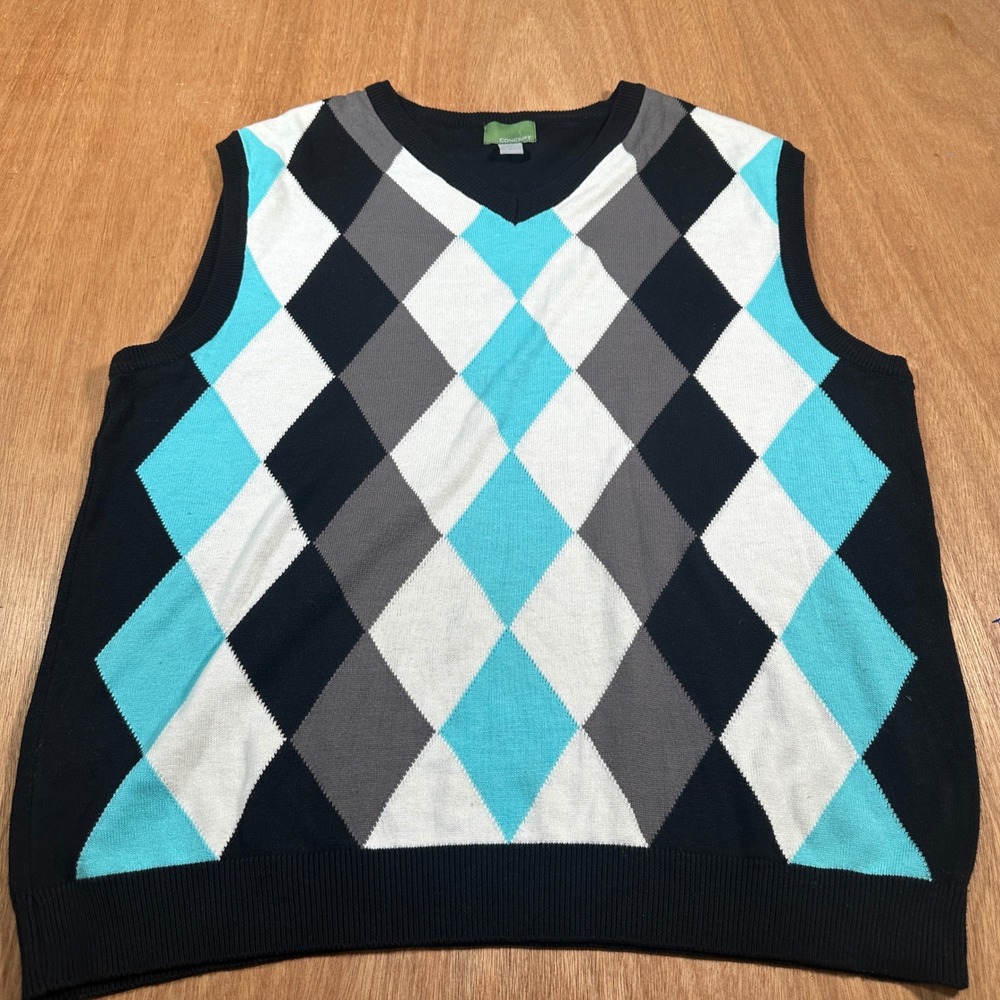 Concept Sweater Vest Mens 2XL Black Argyle V-Neck Cotton Blend Sleeveless Knit